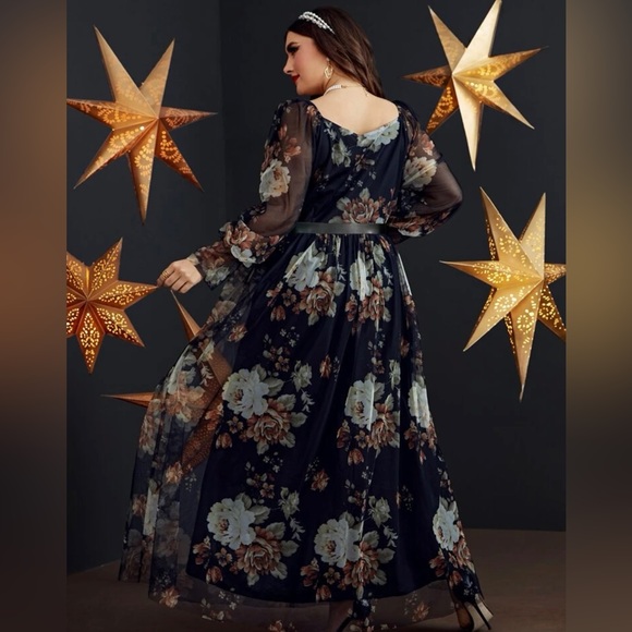 Plus Random Floral Print Overlap Collar Bishop Sleeve Belted Mesh Dress - Picture 2 of 14